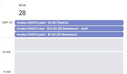 A Google Calendar day with three all-day BillGrid entries: one invoice paid, one due as a draft, and another paid, each showing the amount and client