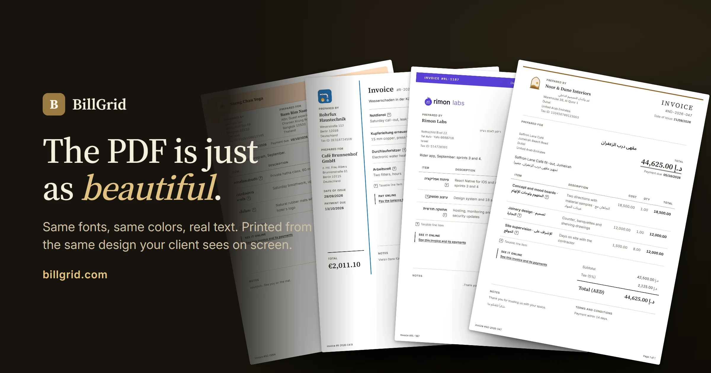 Pages of real BillGrid PDFs fanned out: invoices from four fictional businesses, Saeng Chan Yoga, Rohrfux Haustechnik, Rimon Labs and Noor & Dune Interiors