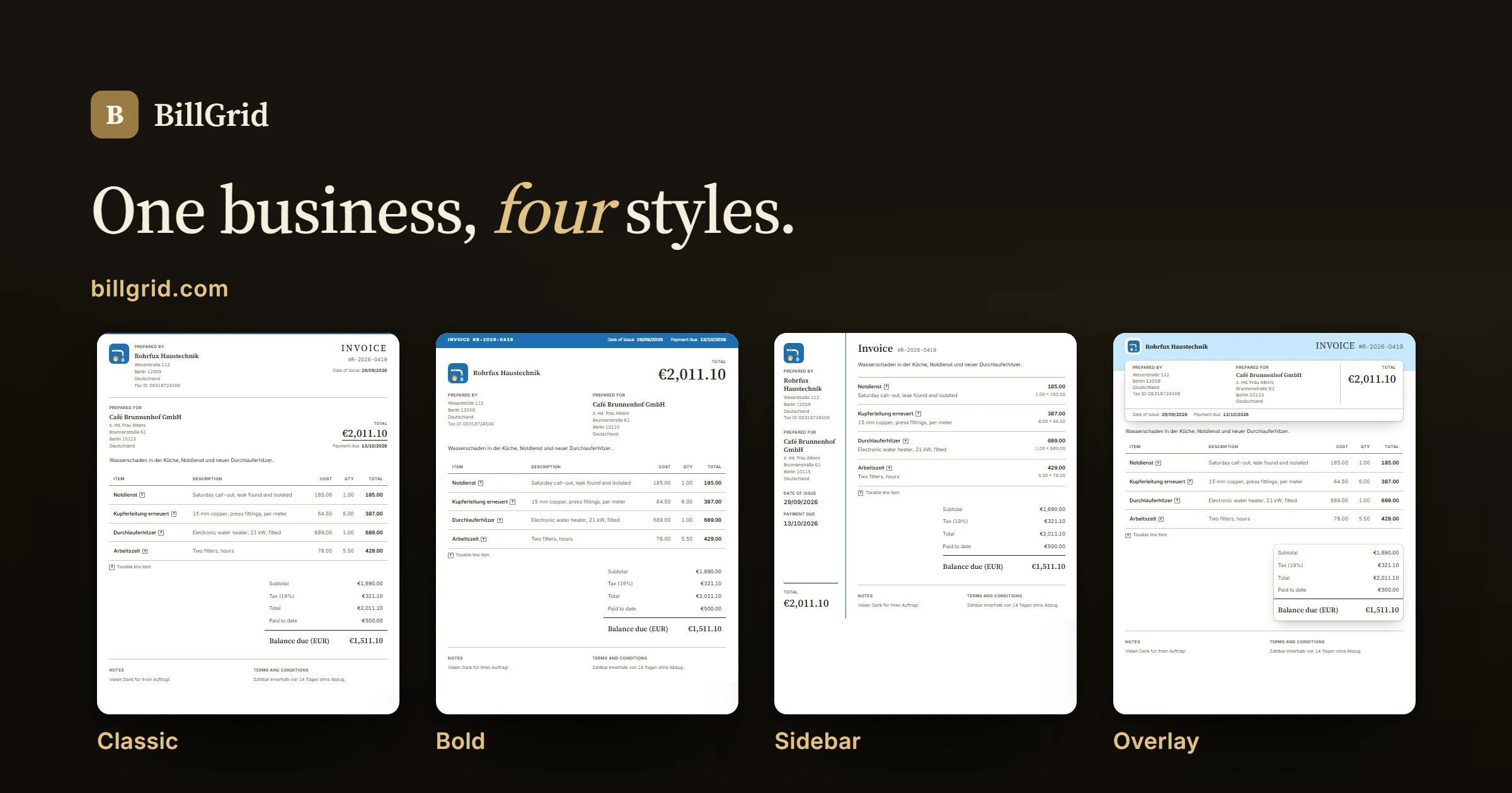 One fictional plumbing business's invoice in four styles: Classic, Bold, Sidebar and Overlay, each in the same blue