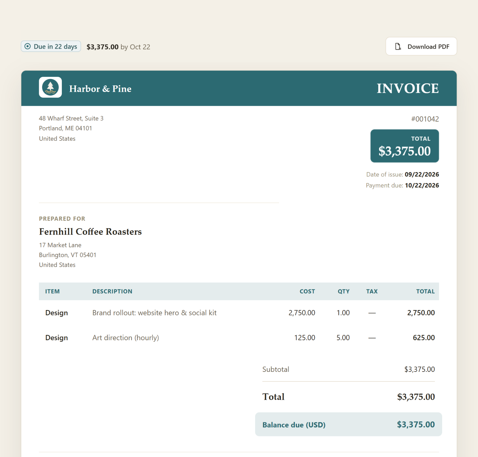 The client-facing invoice page in the business's brand colour, showing the amount due, when it is due and a Download PDF button
