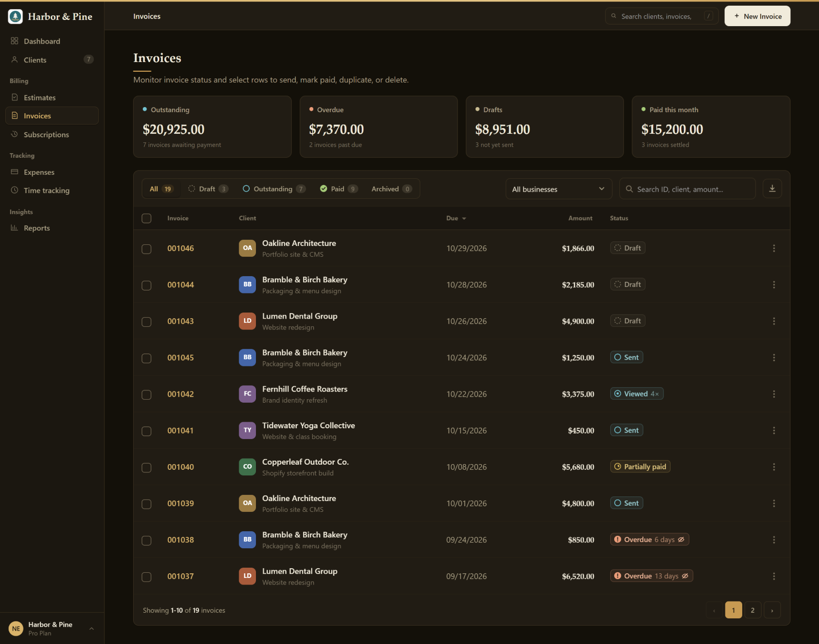 The invoices list in dark mode, with outstanding, overdue and paid totals above the table of invoices