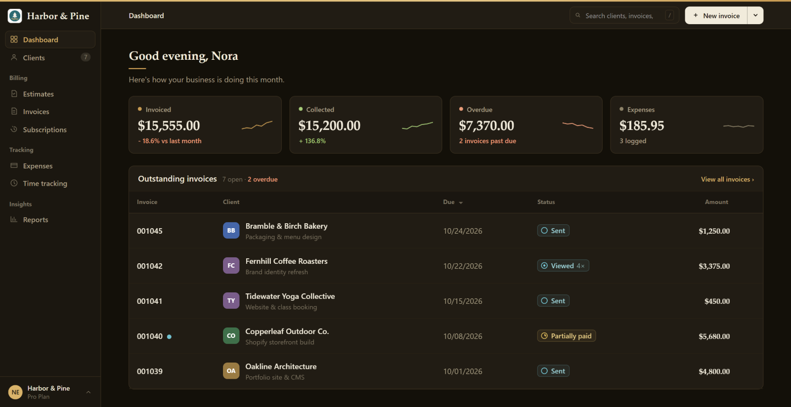The BillGrid dashboard in dark mode, with the month's totals and outstanding invoices on a dark background