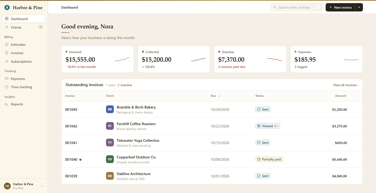 The BillGrid dashboard showing invoiced, collected, overdue and expense totals for the month above a table of outstanding invoices
