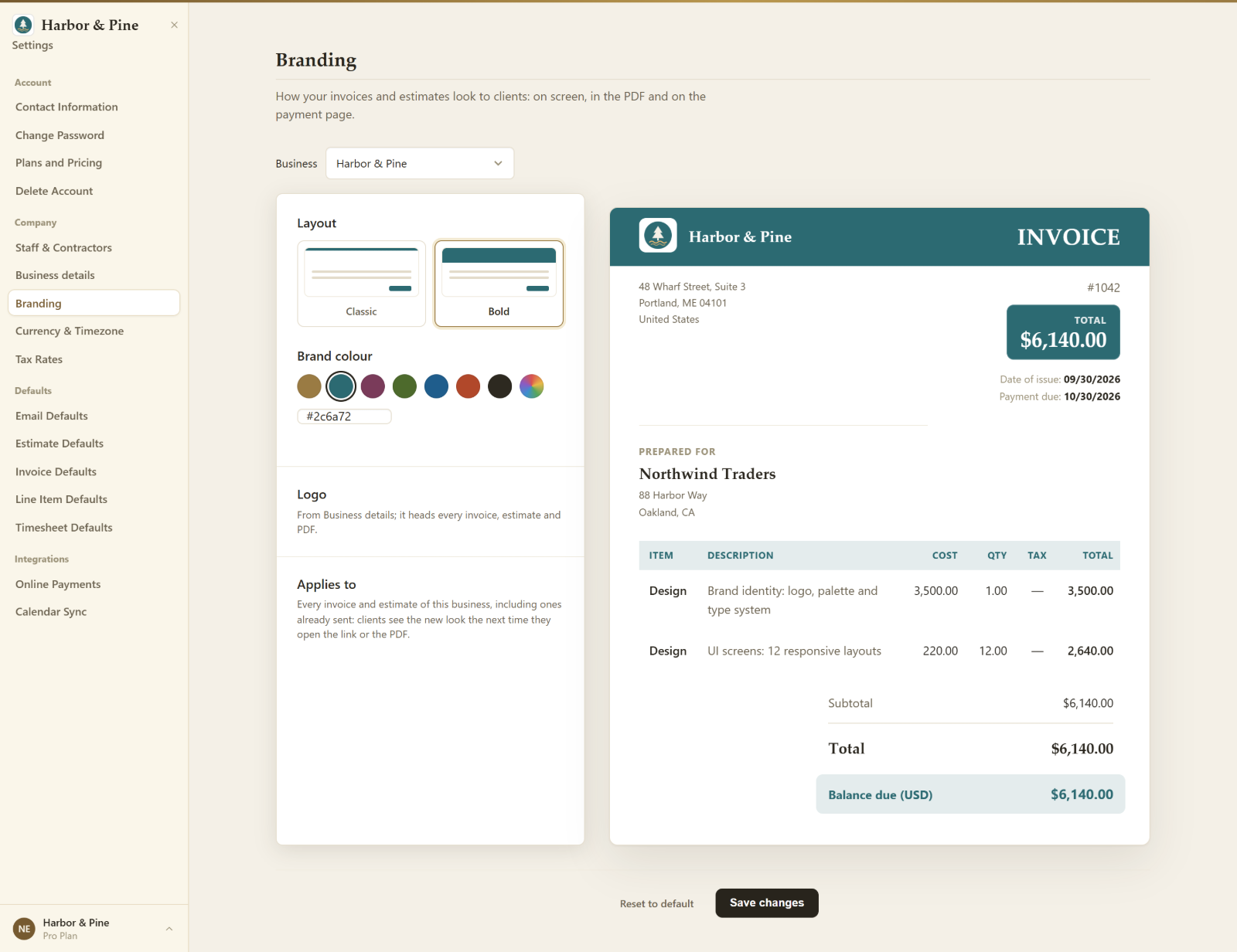 Branding settings with Classic and Bold layouts, brand colour swatches and a live preview of an invoice