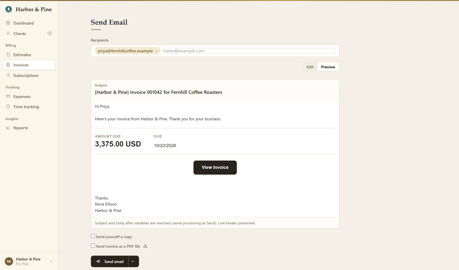 The send email screen in Preview mode, showing the email a client will receive with the amount due
