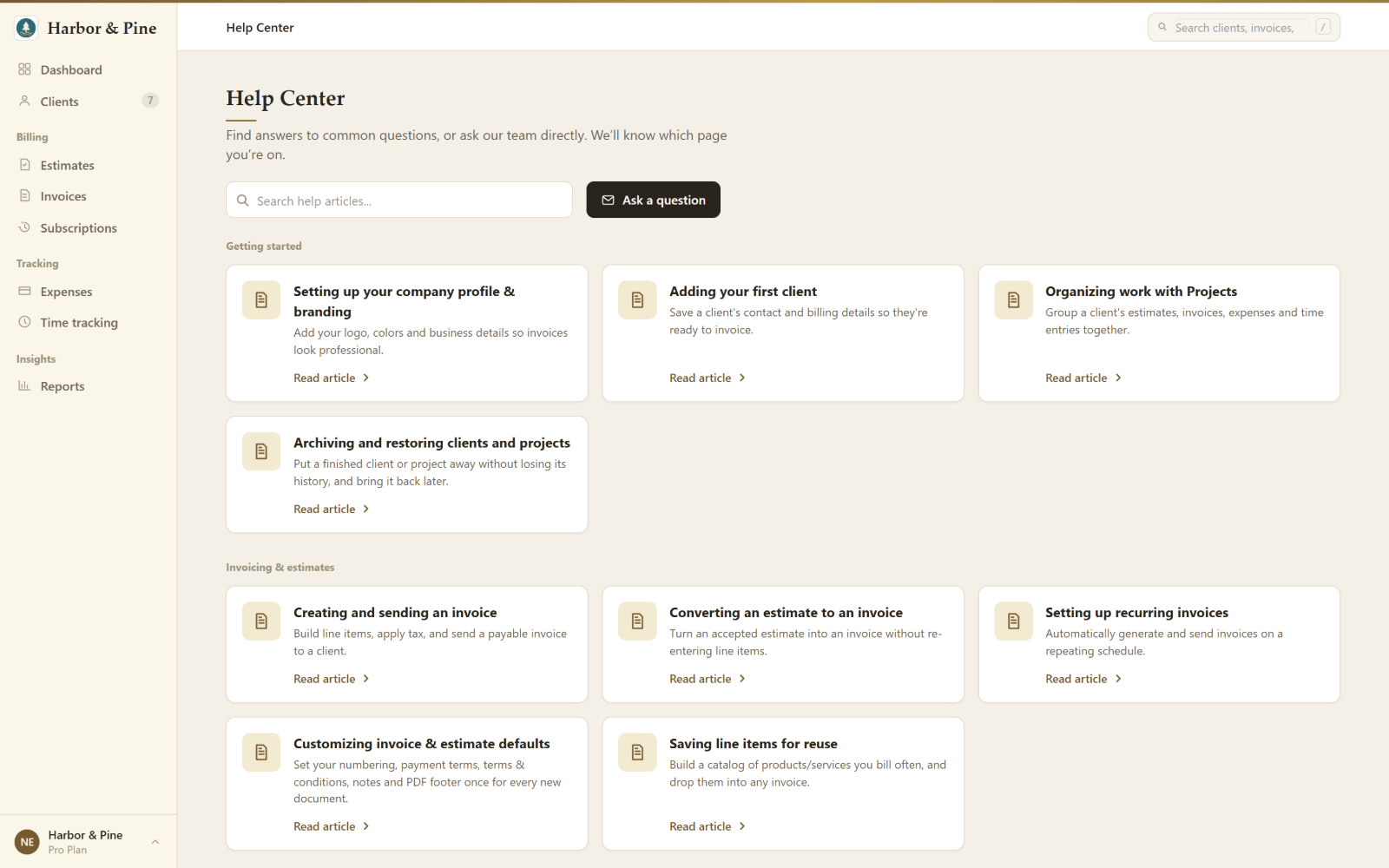 The BillGrid Help Center with guides grouped by topic and a search box