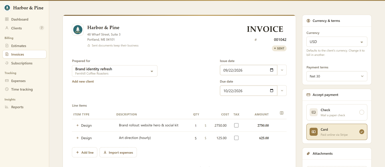 The invoice editor with line items, live totals and a side panel for currency, payment methods and attachments