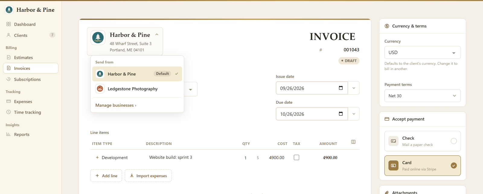 A draft invoice with the Send from menu open, offering two businesses, each with its own logo