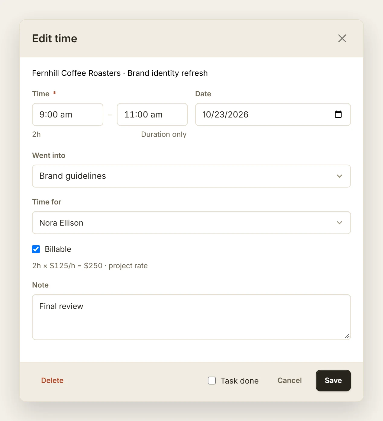 The Edit time dialog with Start and End fields, the duration they make, the project, the date and the billable switch