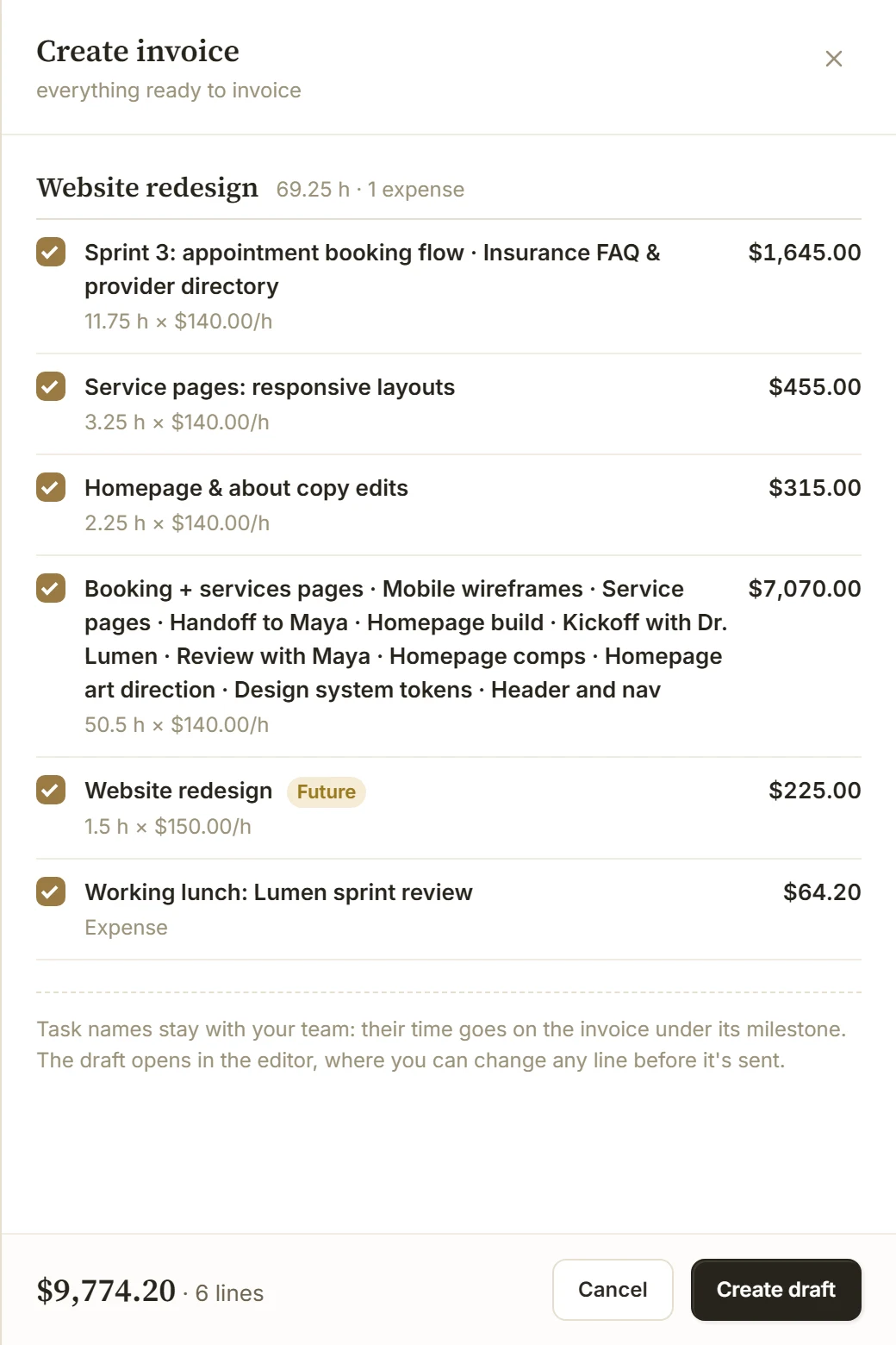 The Create invoice drawer for Lumen Dental Group: the website project's hours as invoice lines with their rates and amounts, one line tagged Future, and the total to draft