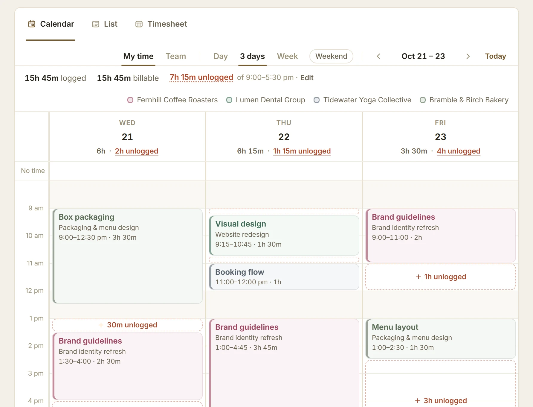Three workdays on the Time page's calendar: each client's work in its own color, every day's logged and unlogged totals, and the unlogged stretches outlined in dashes