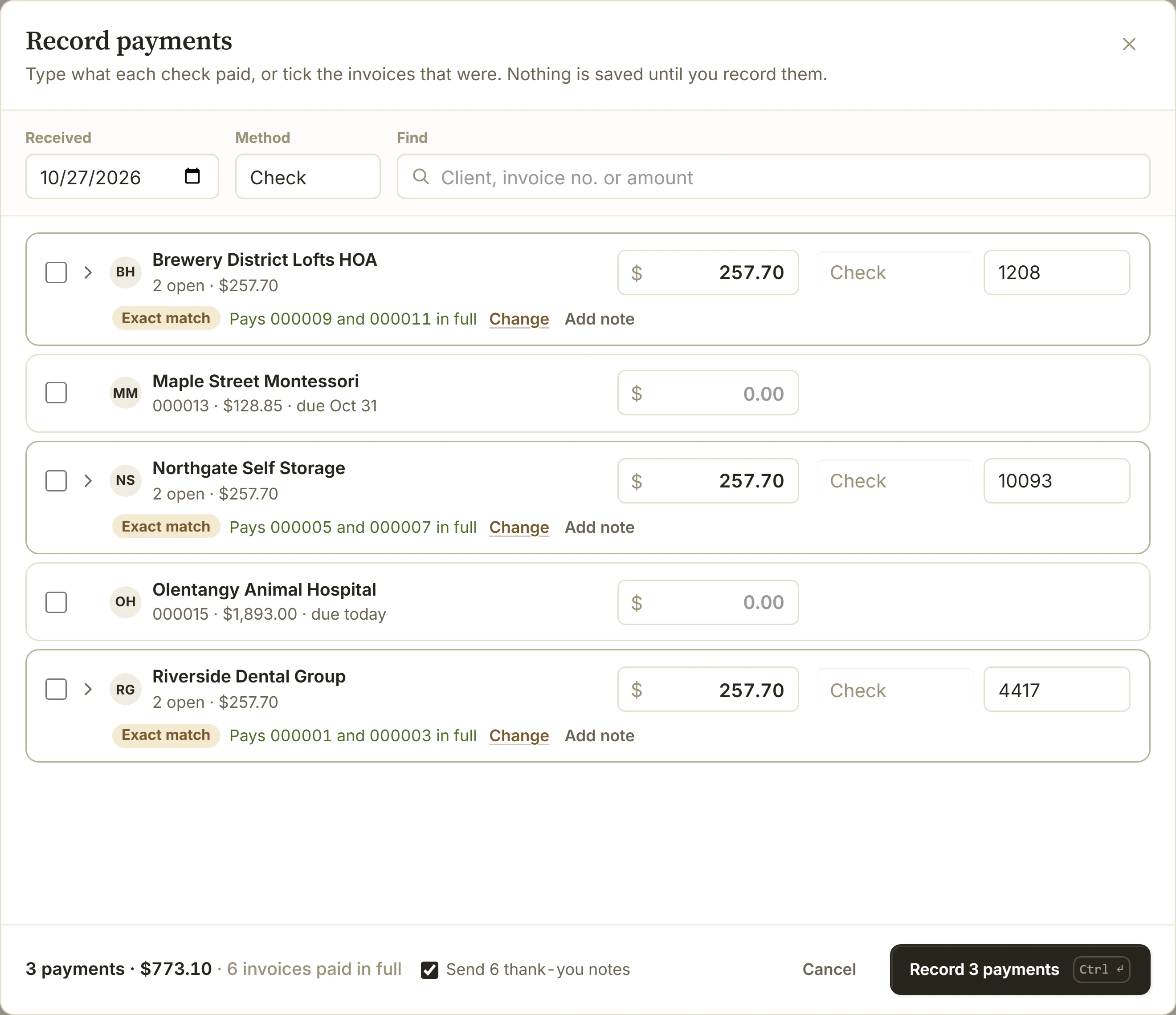 Record payments: three customers’ checks typed in, each paying both of its sites’ invoices
