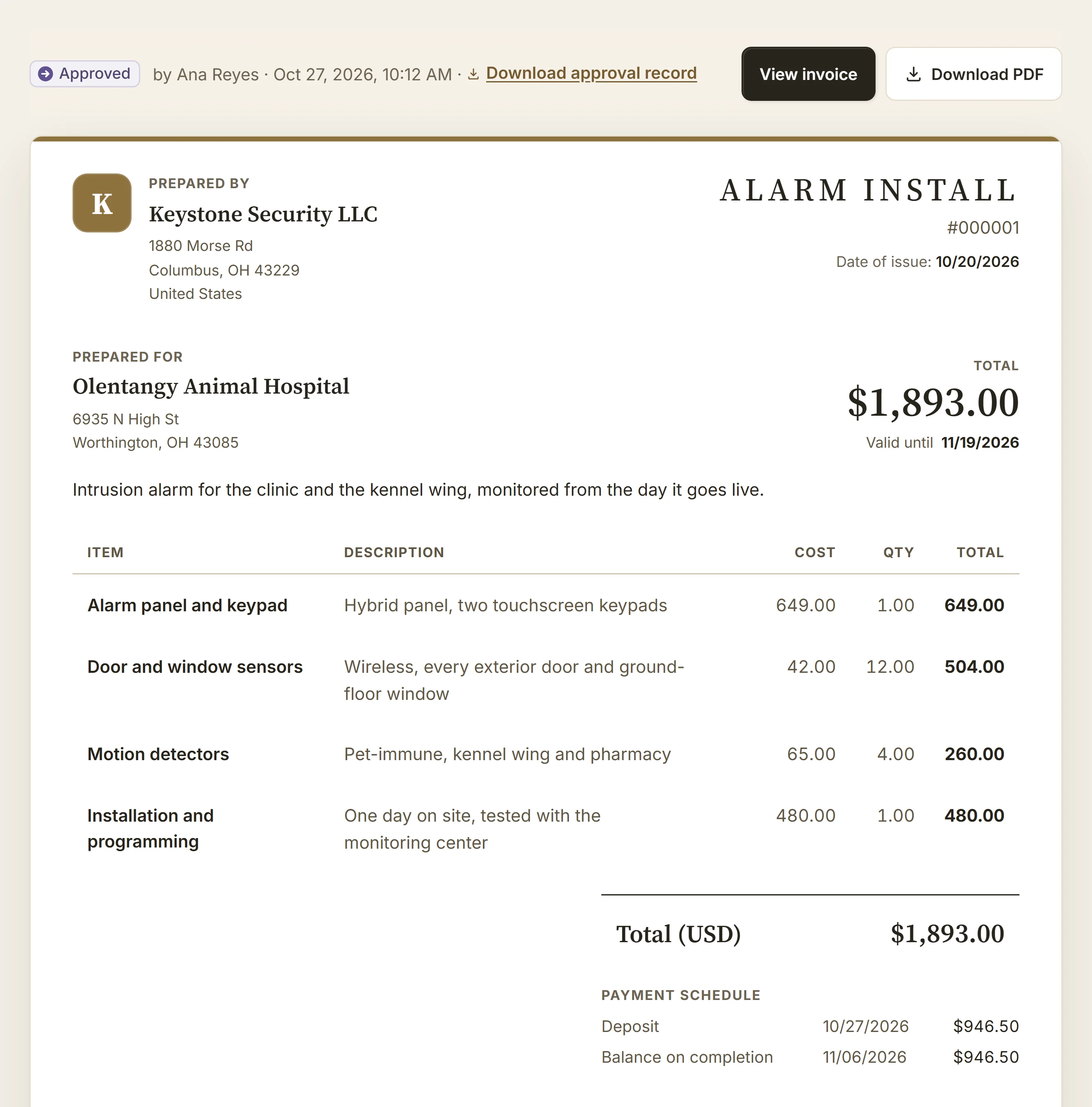 An alarm install estimate approved online: panel, sensors, motion detectors and installation, half as a deposit