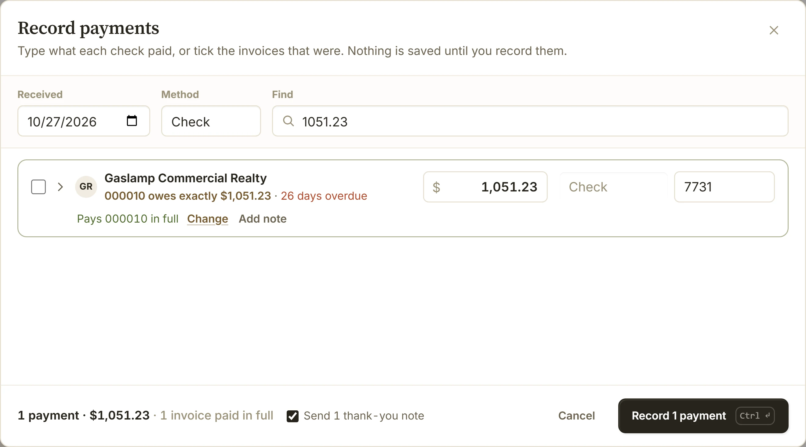 Find 1051.23: Gaslamp Commercial Realty's invoice 000010 owes exactly $1,051.23, filled in as check 7731 that pays it in full
