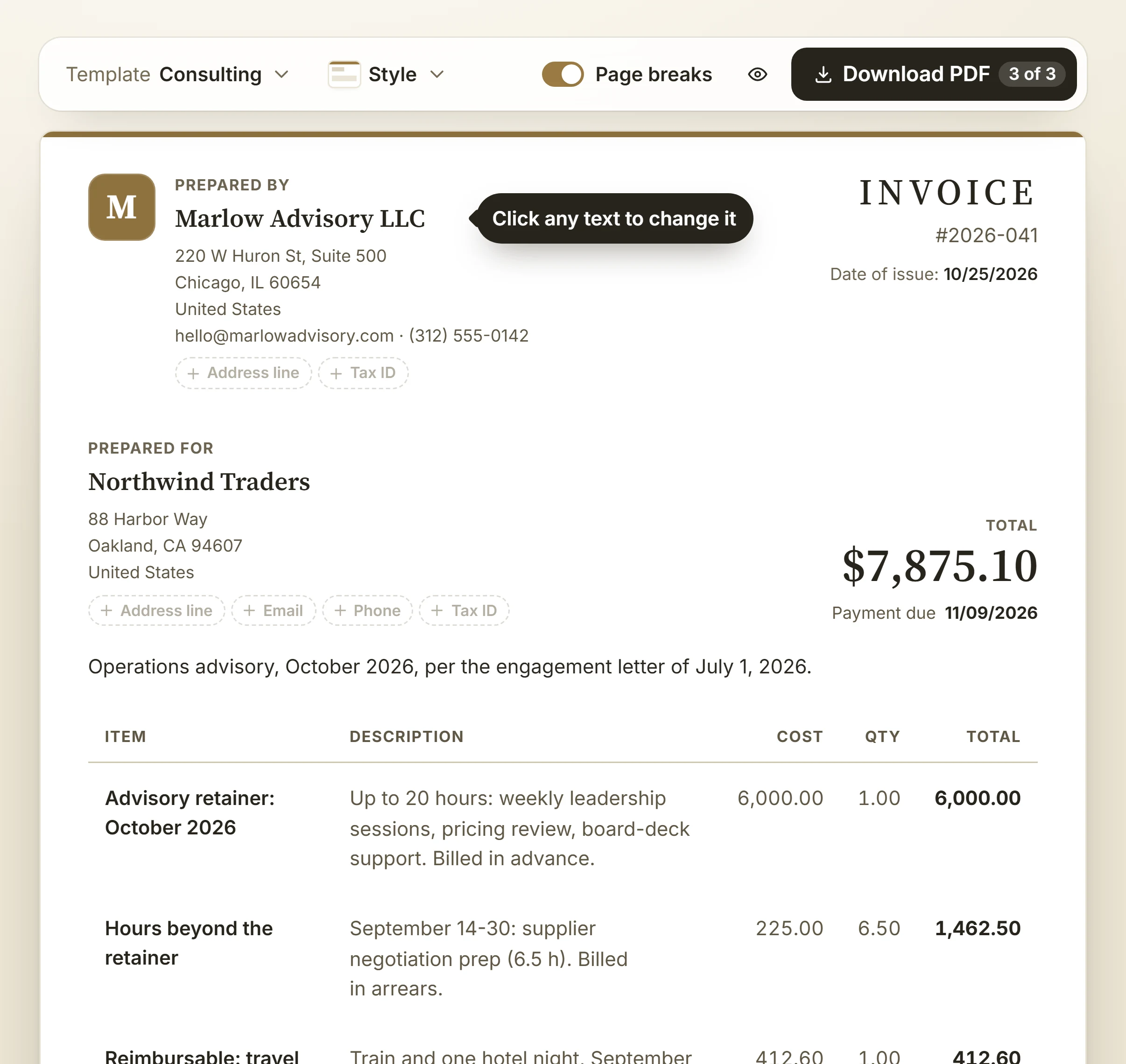 The free invoice generator's consulting invoice for Marlow Advisory: a template, a style and Download PDF above the page you type on