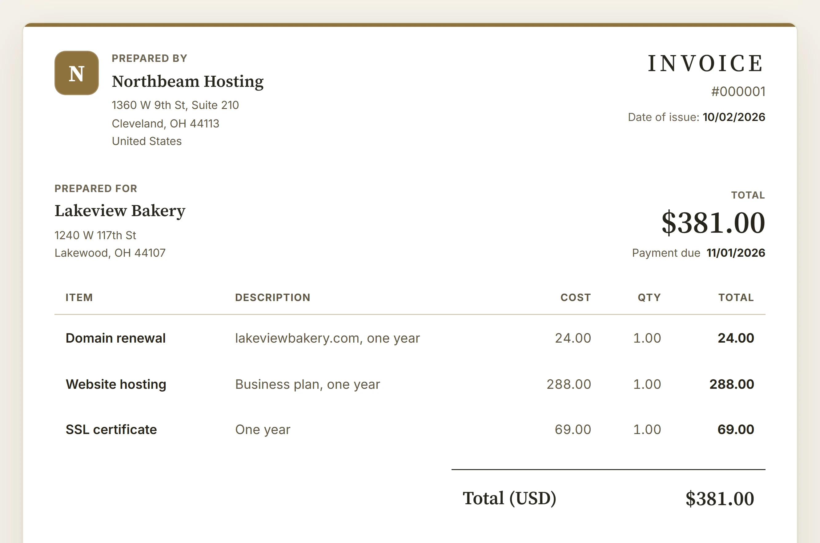 A renewal invoice: domain renewal, a year of hosting and an SSL certificate, due November 1