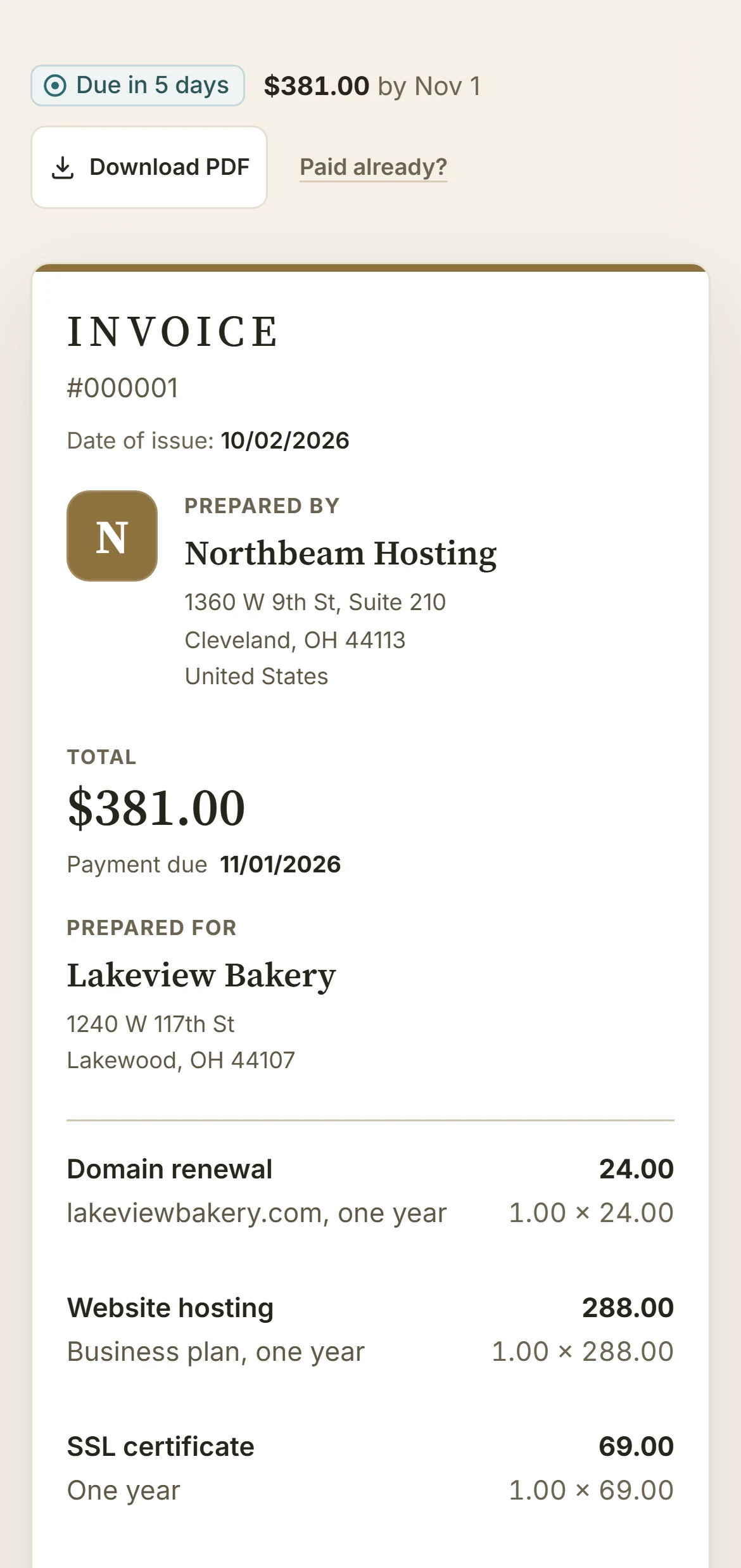 The renewal invoice on a phone: domain, hosting and SSL, due November 1