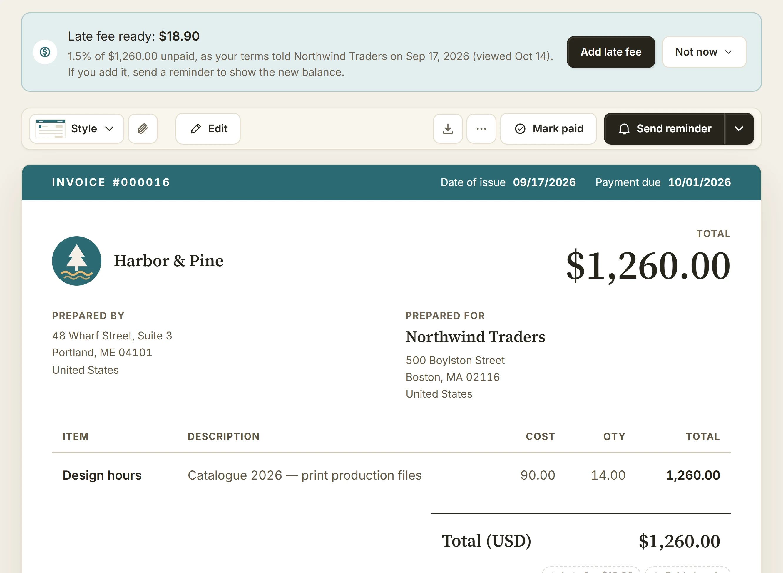 An overdue BillGrid invoice with a banner: late fee ready, $18.90, 1.5% of $1,260.00 unpaid as the terms told the client, with Add late fee and Not now