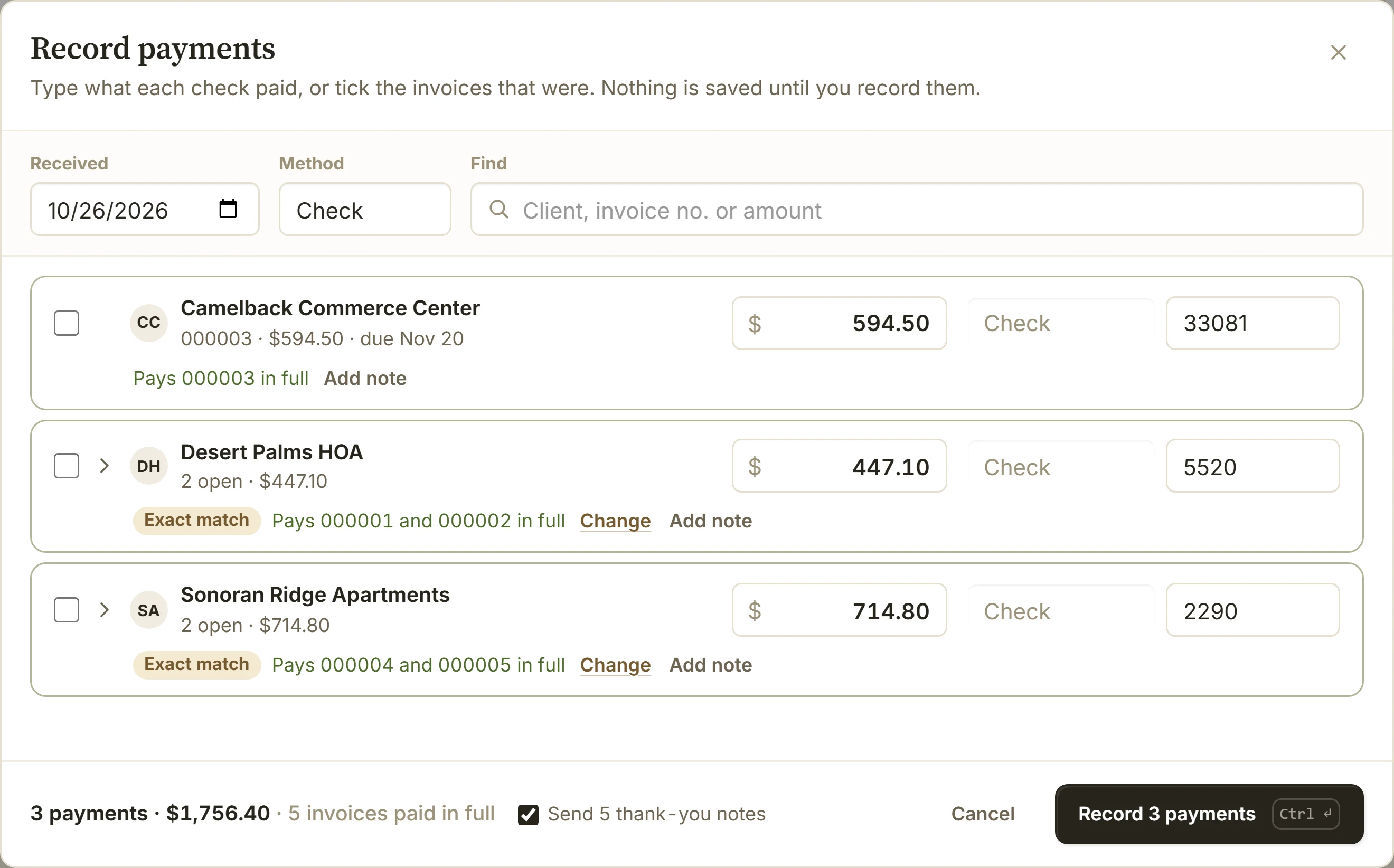 Record payments: three managers’ checks typed in, each paying its work orders in full