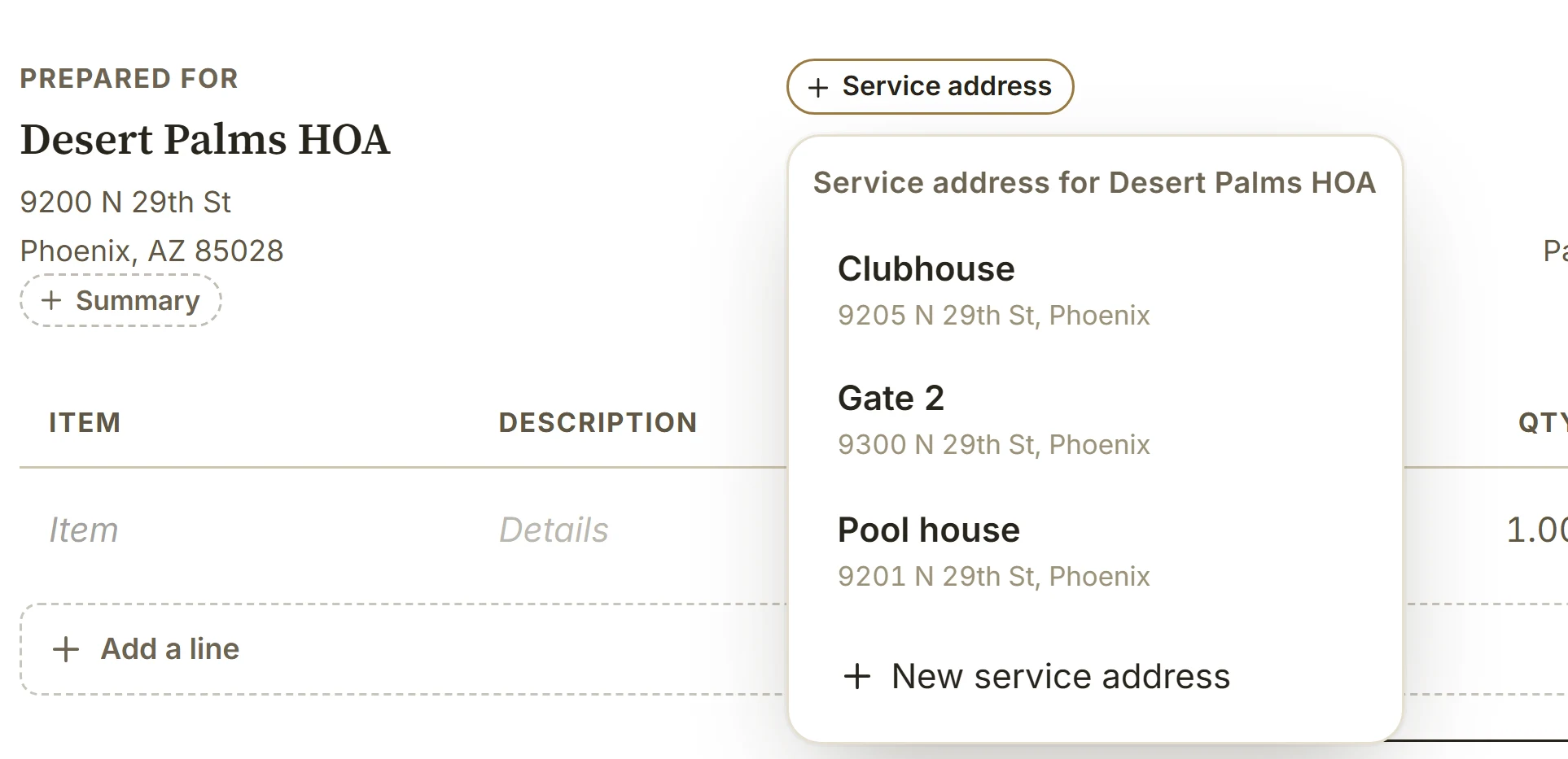 A new invoice for Desert Palms HOA, its service address list open on the pool house, the clubhouse and gate 2
