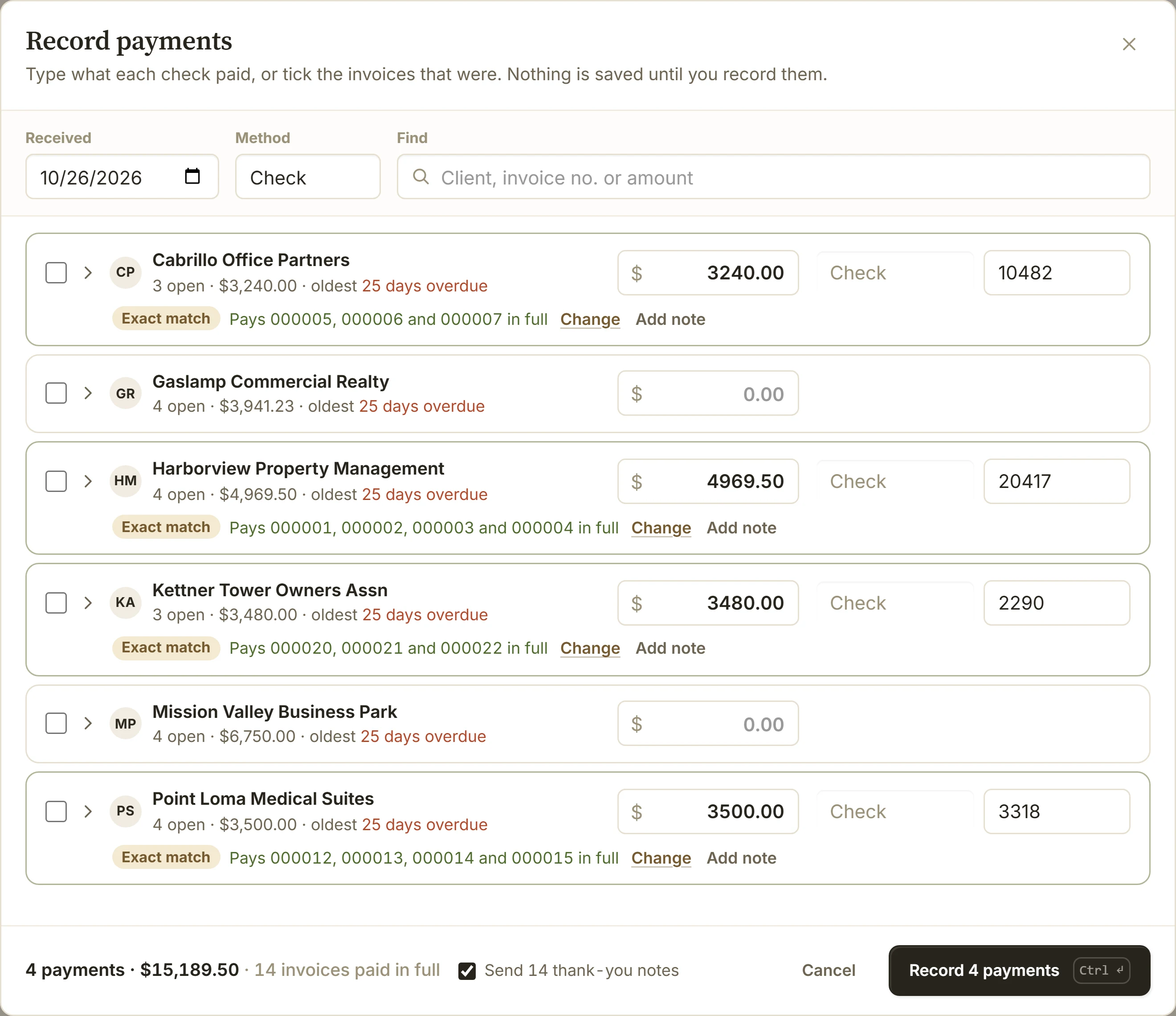 Record payments: four checks typed against four property managers, each an exact match that pays their open invoices in full