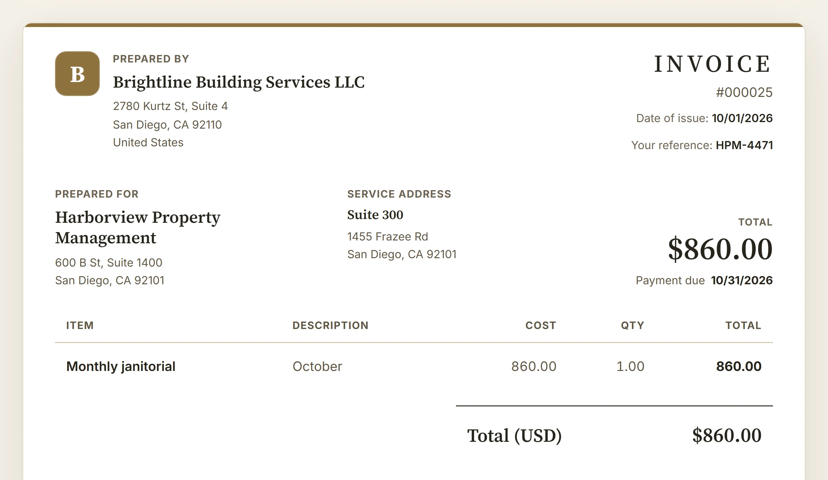 An invoice for one suite: the property manager as Prepared for, Suite 300 at 1455 Frazee Rd as the service address, and the PO as Your reference