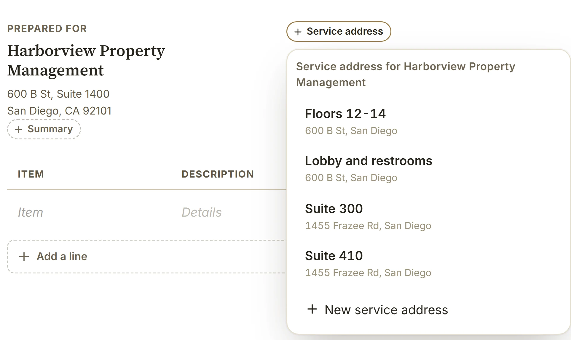 A new invoice for Harborview Property Management, its service address list open: Floors 12-14, Lobby and restrooms, Suite 300 and Suite 410, each with its street