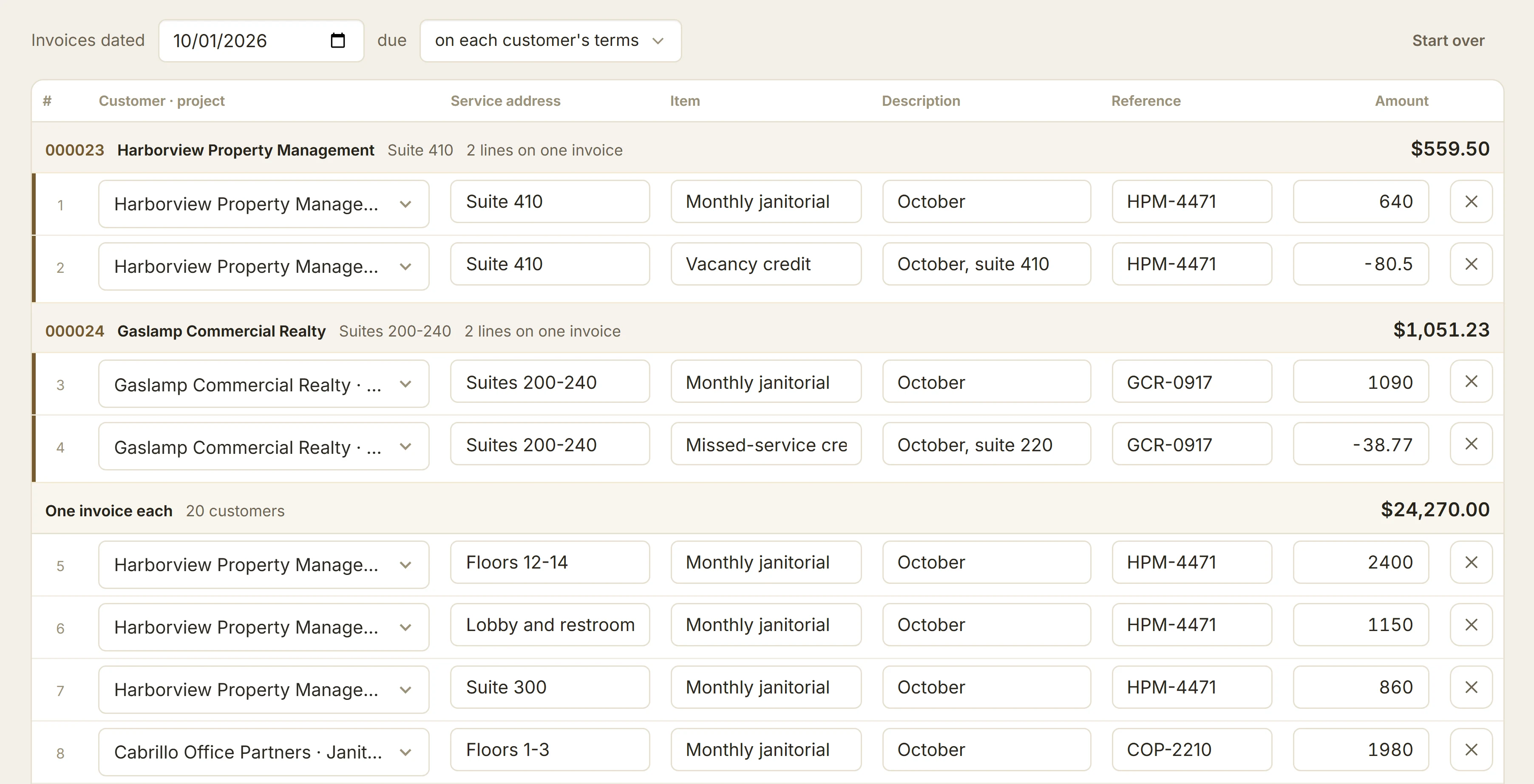 Invoice several: September repeated for October, a row per suite with its service address, item, reference and amount