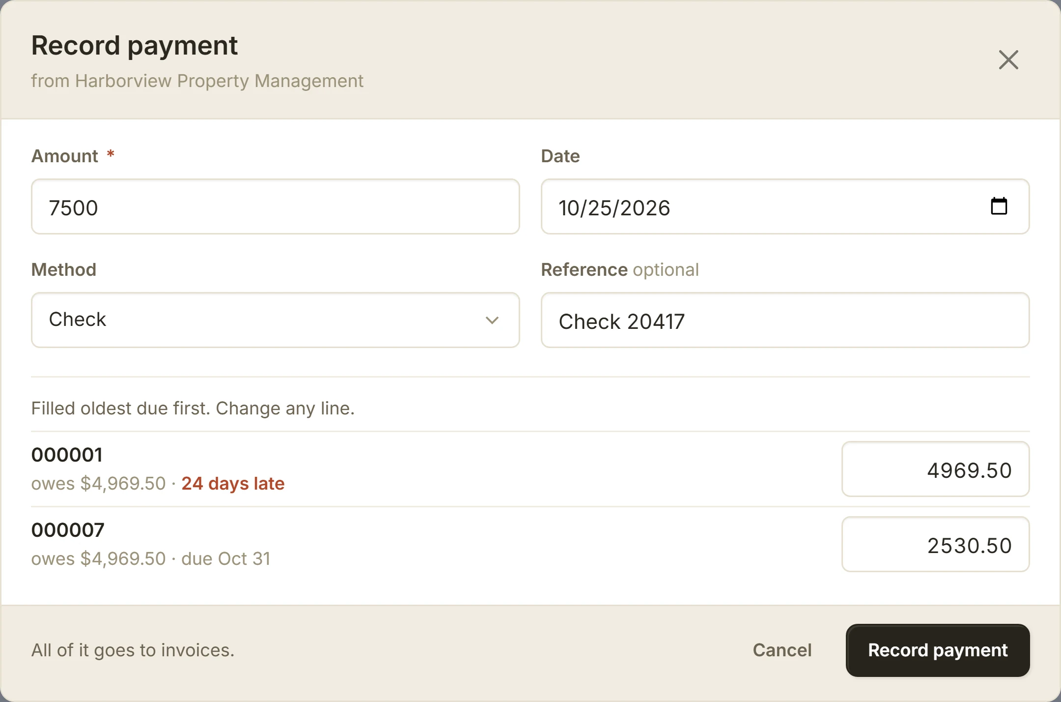 One check allocated across a property manager's open invoices, oldest first