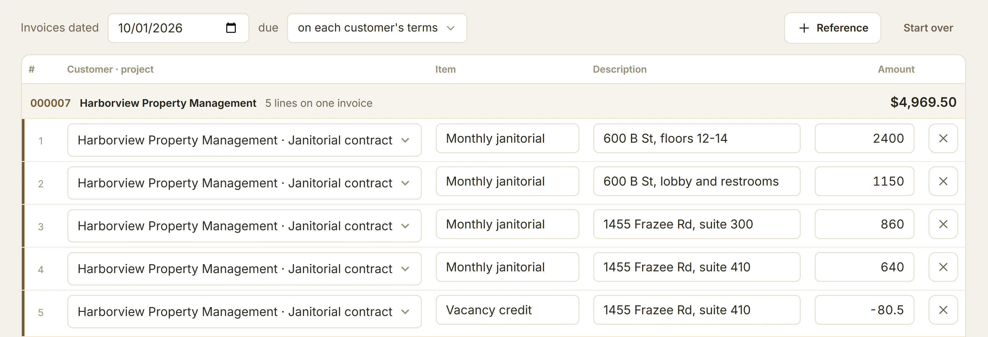 Invoice several: last month's suites as rows, one invoice per property manager, each with its PO in the Reference column