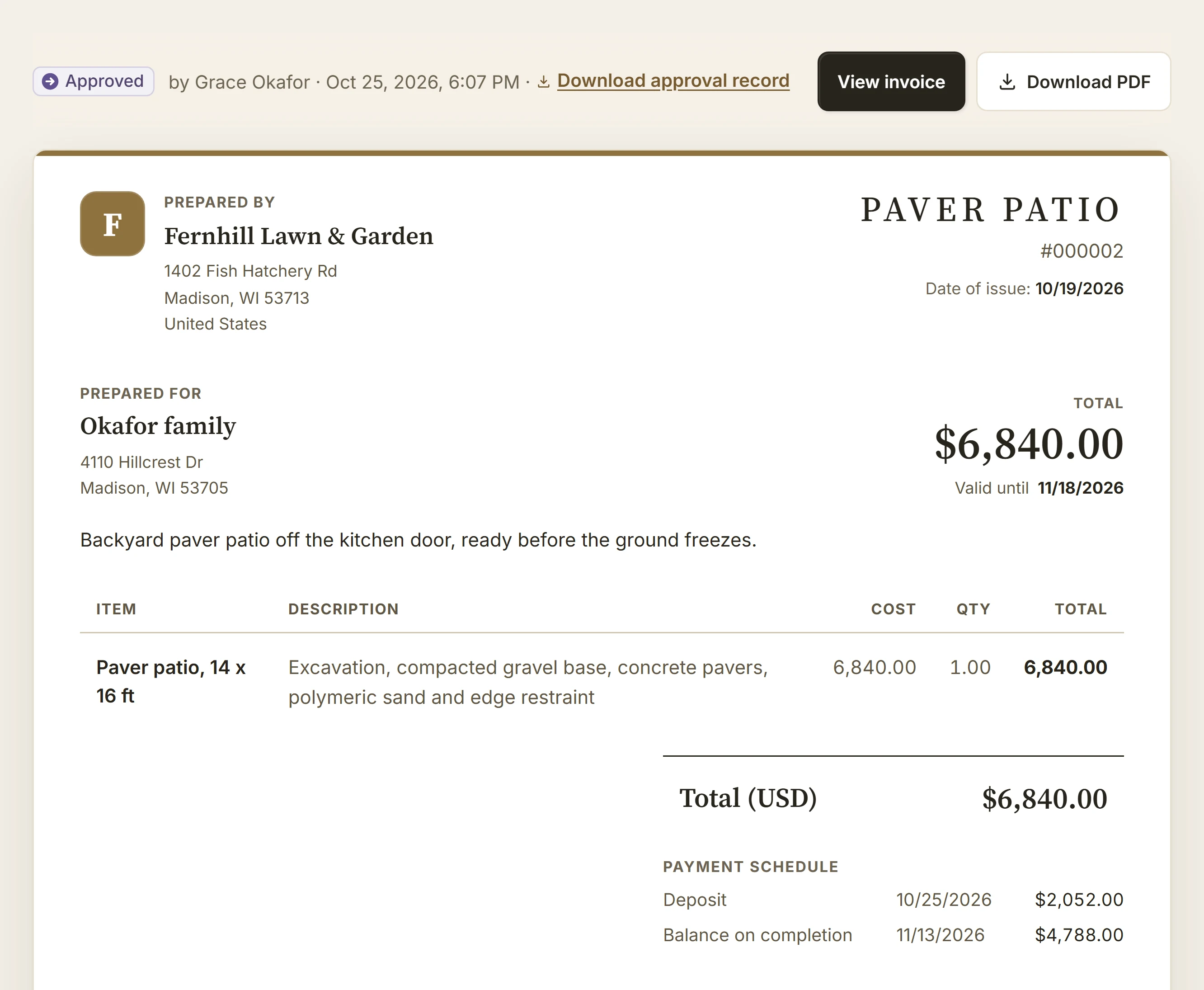 A paver patio estimate approved online, with a deposit now and the balance on completion