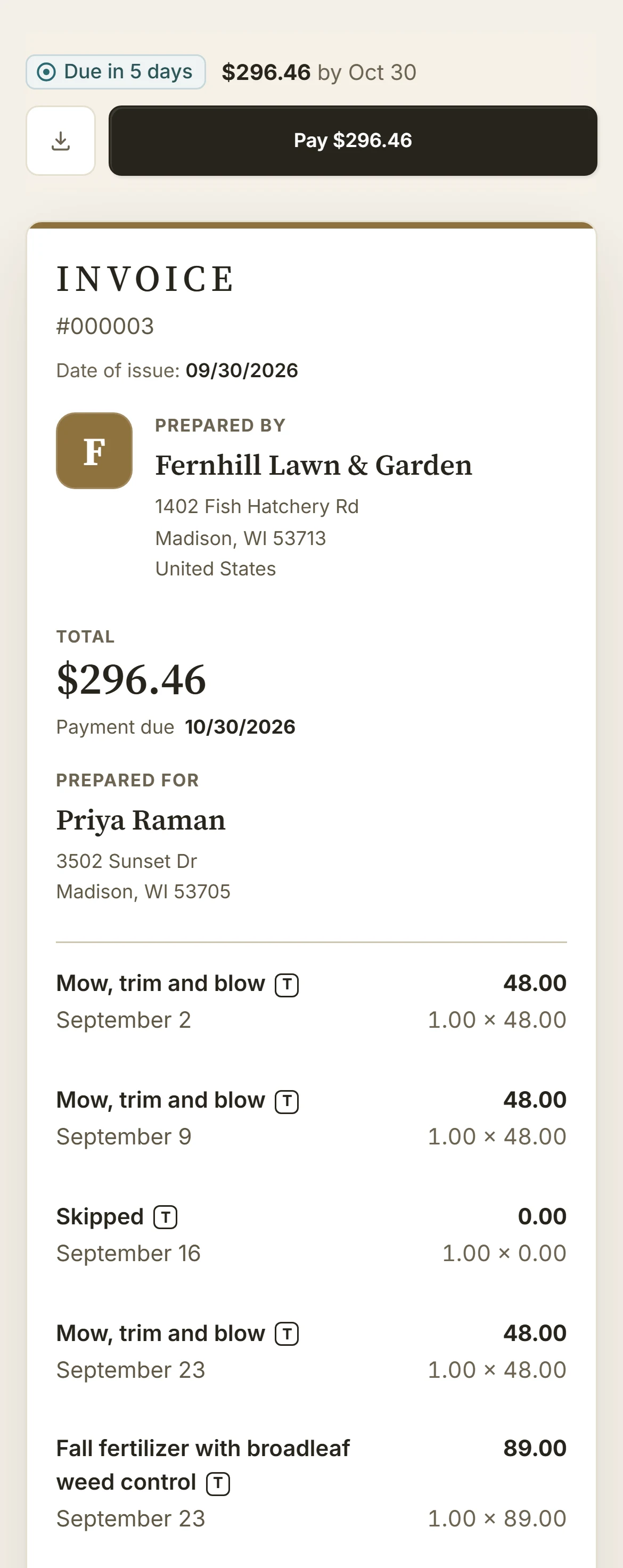 A lawn care invoice on a phone: dated visits and the pay button