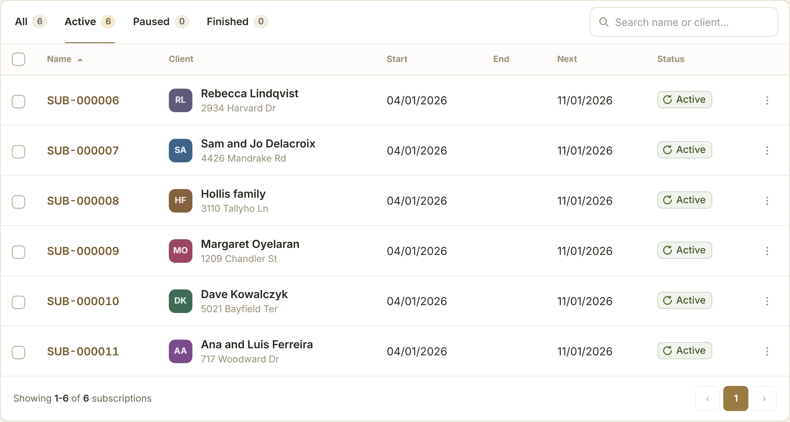 Recurring invoices for lawn care plans, each with its next date