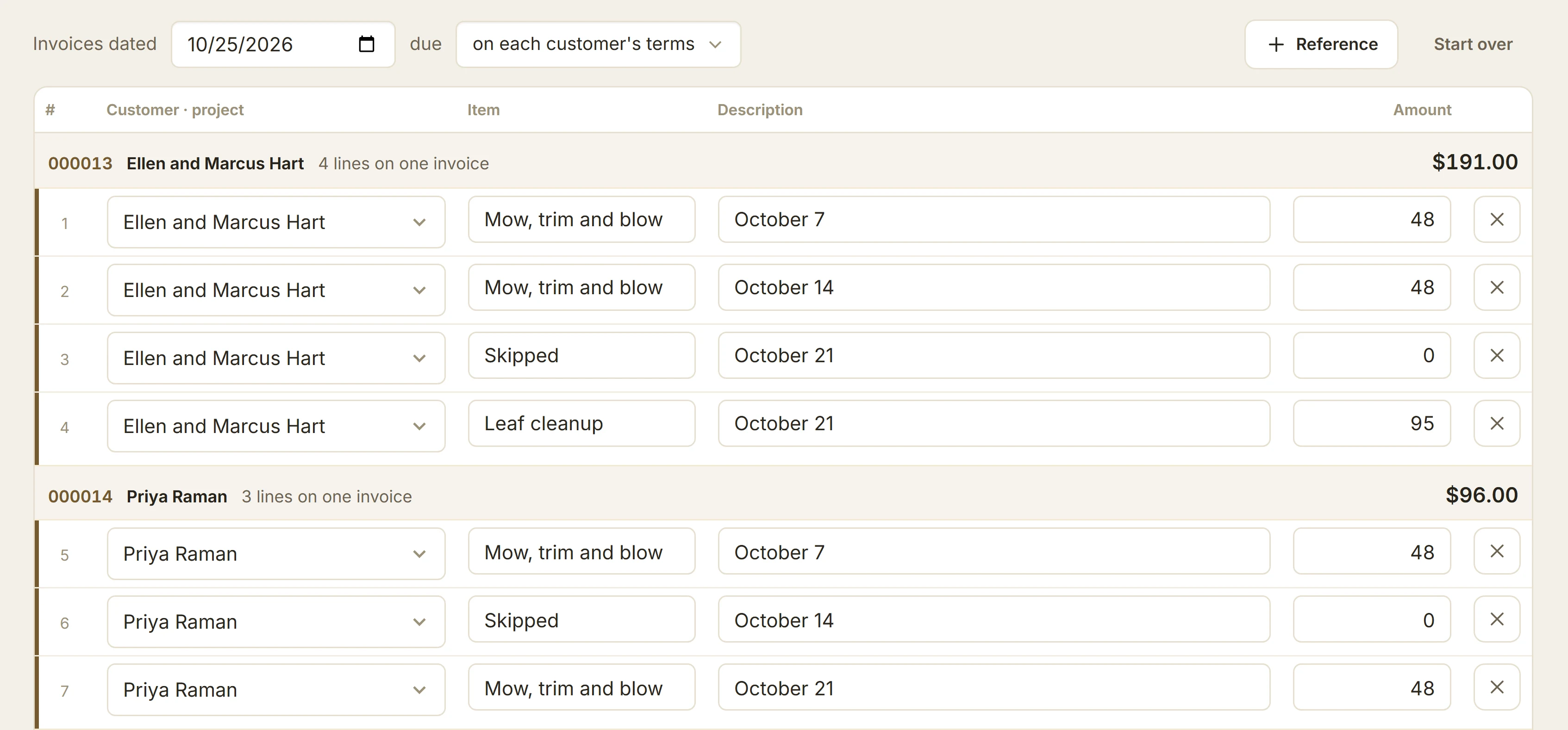 Invoice several: dated visit rows grouped into one invoice per property