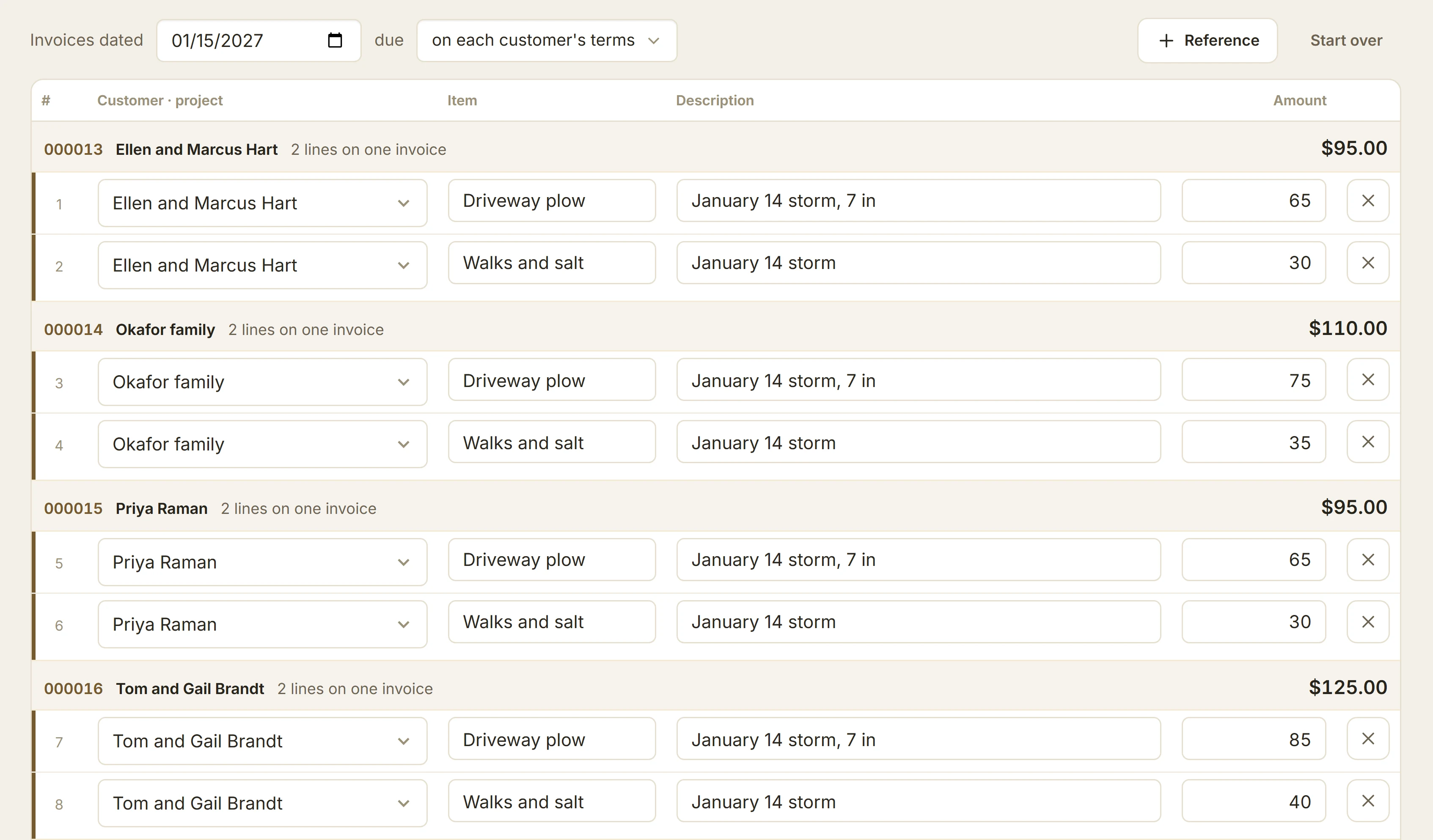 Invoice several: a storm’s plowing and salting pasted in, a row per property