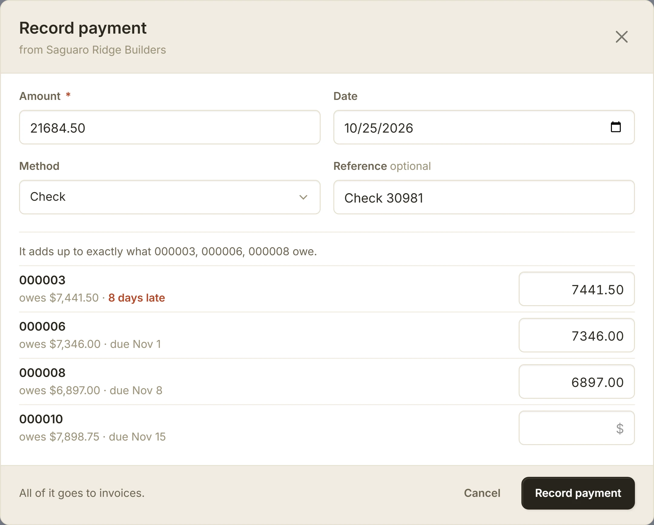 One builder's check allocated across several lots