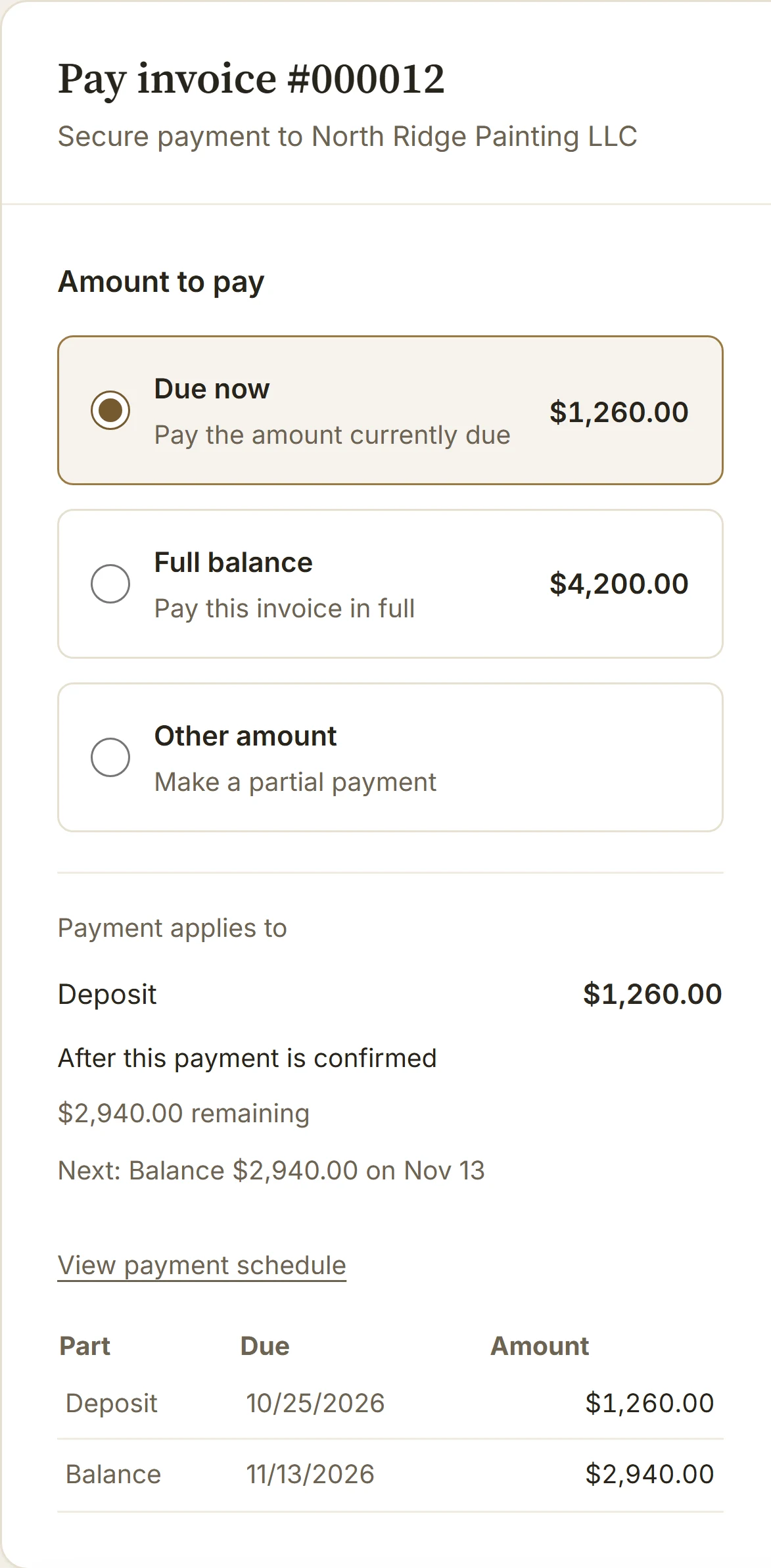 A payment schedule: a 30% deposit and the balance, each with its due date