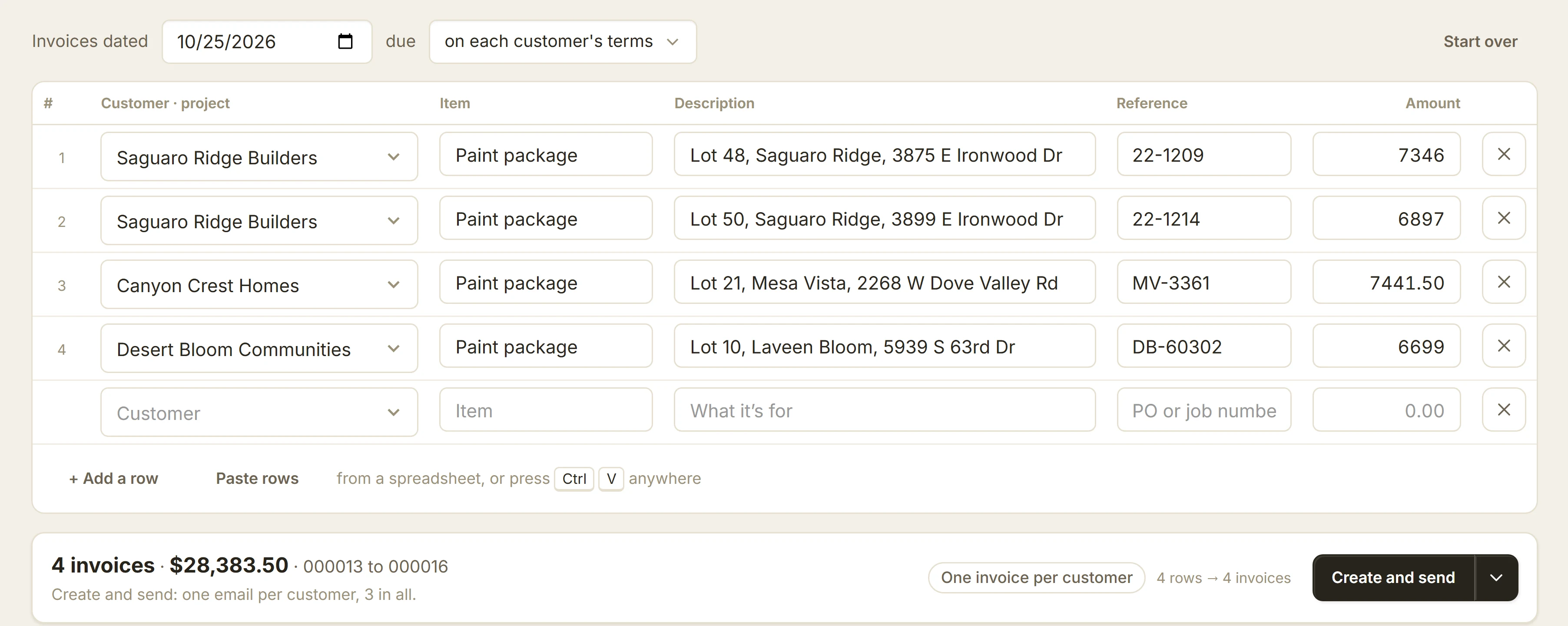 Invoice several: one row per lot with the builder's PO in the Reference column