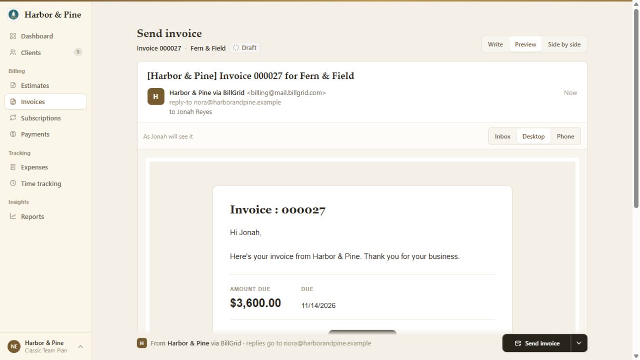 BillGrid email Preview for Fern and Field with recipient, reply address, invoice amount and desktop or phone controls