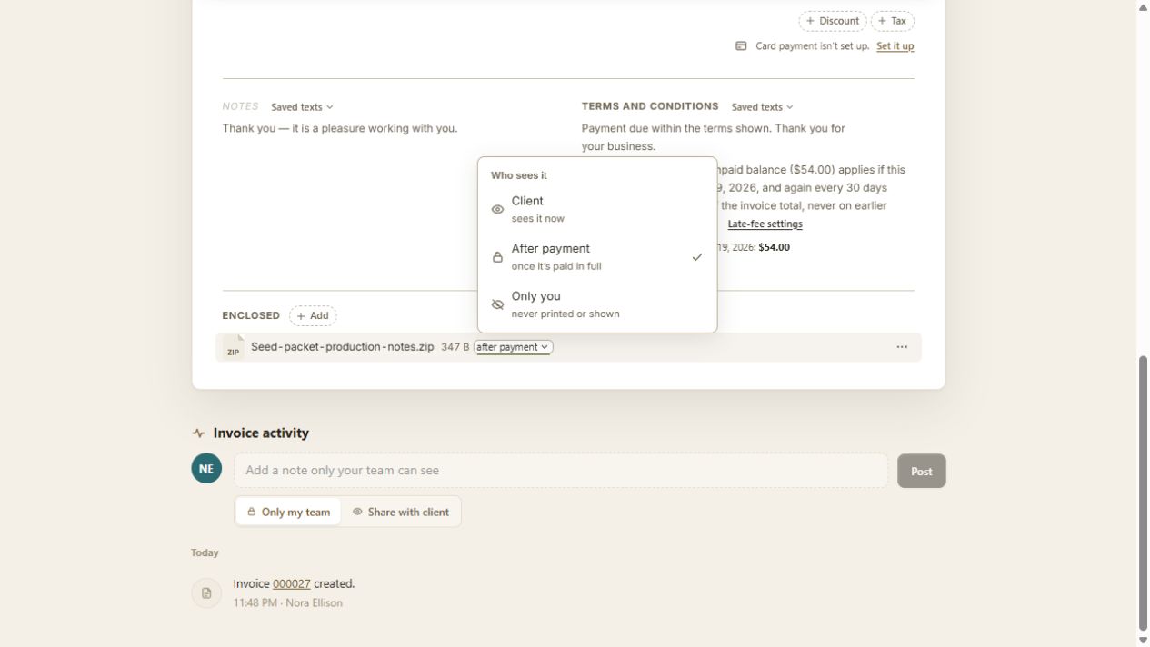 Actual BillGrid file visibility menu with Client, After payment and Only you choices, with After payment selected