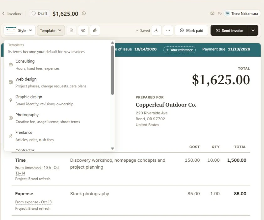 BillGrid invoice editor with Template menu open, trade templates, Your reference control, and project time and expense lines