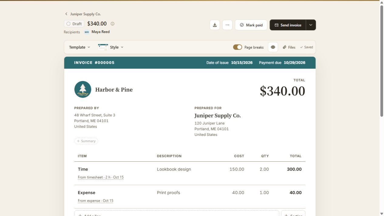 Resulting $340 Juniper Supply invoice draft with the two design hours and print proofs on separate lines