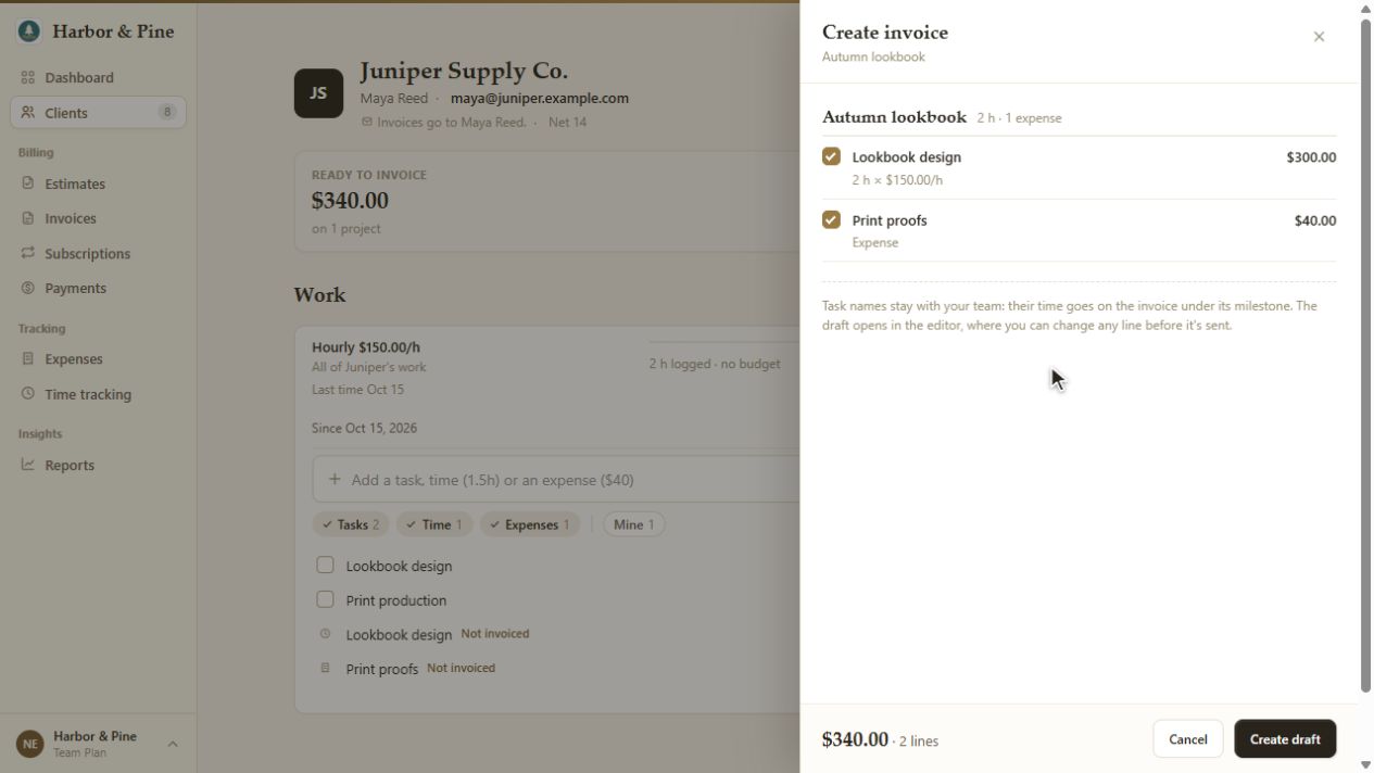 Juniper Supply invoice review in BillGrid: two hours of Lookbook design for $300 and $40 of print proofs, totaling $340