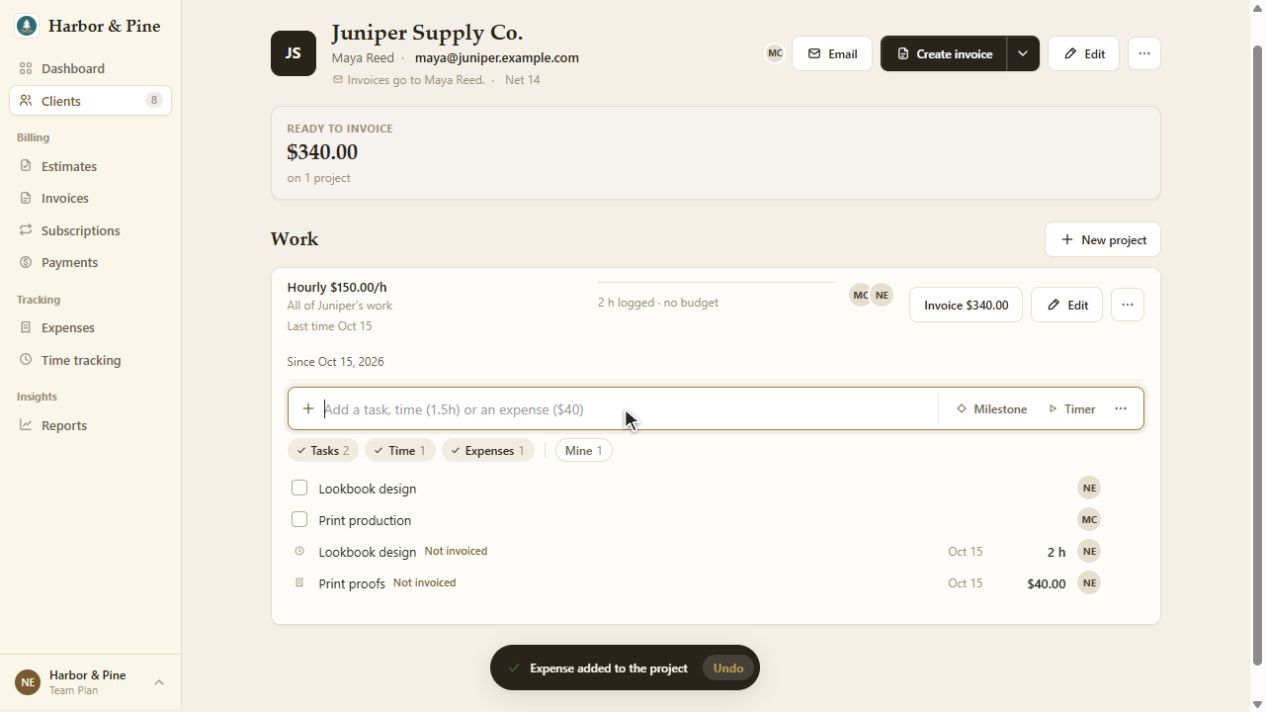 Juniper Supply project in BillGrid after recording $40 Print proofs alongside two hours of design work