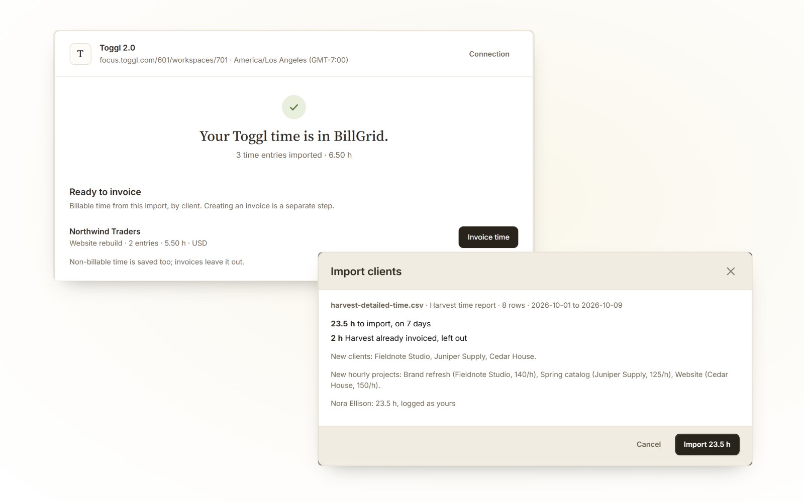 Real BillGrid screens: a finished Toggl import ready to invoice, and a Harvest time report checked before import with its new clients, hourly projects and hours