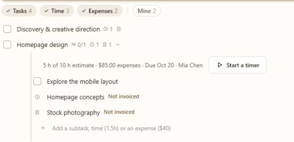 Brand refresh project expanded to show tasks, a subtask, Start a timer, five hours of design work and an $85 photography expense