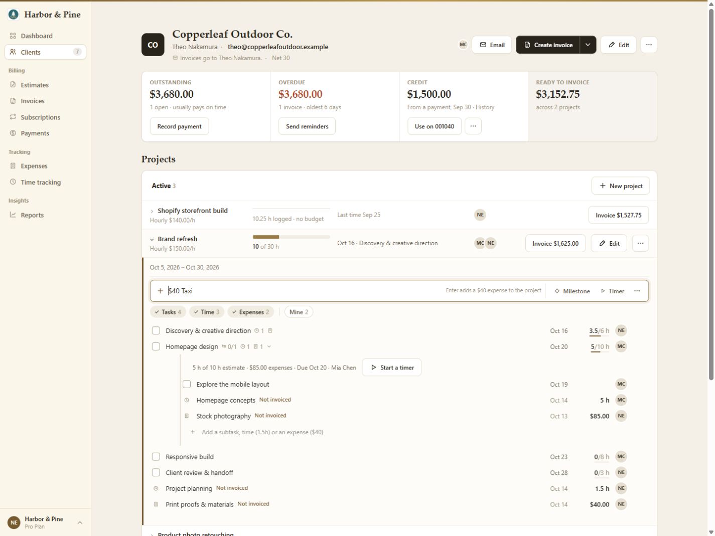 BillGrid client page with an hourly project expanded to show tasks, time entries, expenses and a task timer