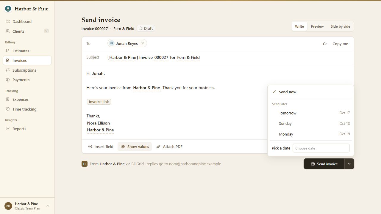 BillGrid invoice composer with the Send later menu open, suggested days and Pick a date