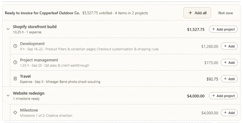 BillGrid unbilled work review for Copperleaf Outdoor Co., with $5,527.75 across Development time, Project management time, a Travel expense and a fixed-fee milestone in two projects