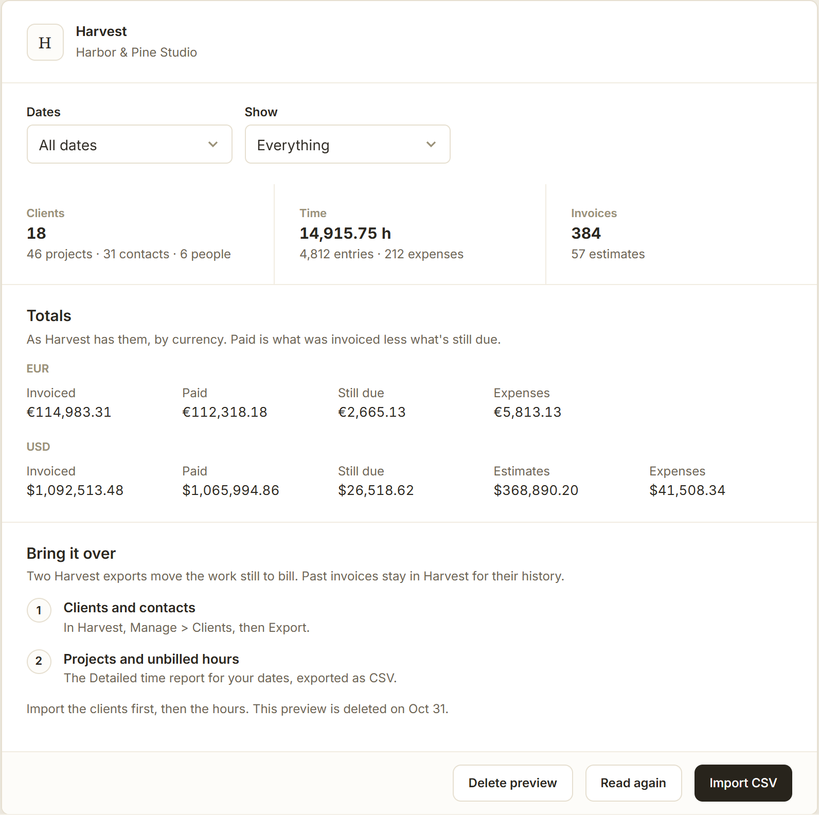 BillGrid's preview of a Harvest account: 18 clients, 14,915.75 hours, 384 invoices, totals in euros and dollars, and the two steps to bring it over